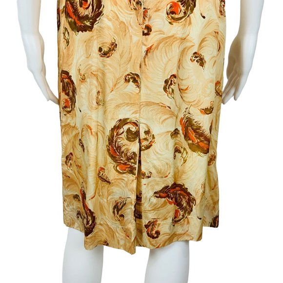 Vintage 1950s Novelty Print Dress Brown Feathers V Neck Wiggle Pin Up | W 25" - Picture 9 of 14